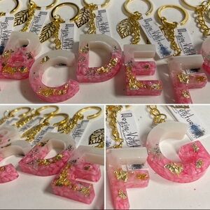 Ivory/pink with gold leaf Epoxy Resin Initial Keychain.